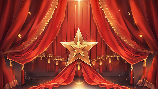 悬挂在红色帘子上的金色卡通五角星图片