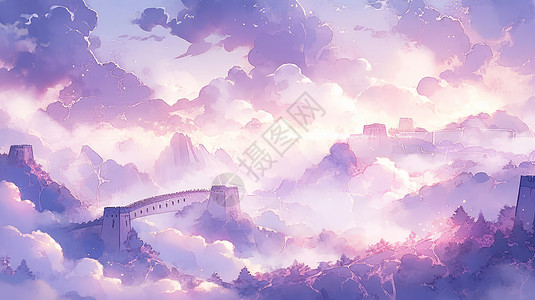 中国风山紫色调山顶上卡通古建筑插画