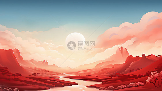 喜庆的红色山川与河流卡通风景图片