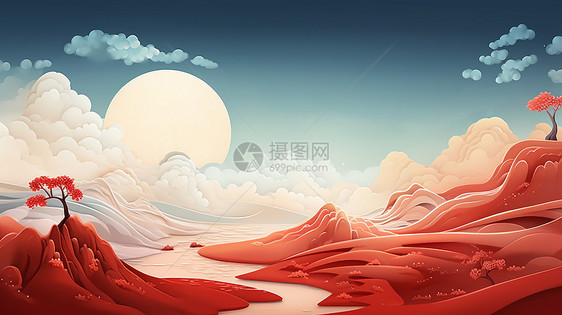 超大的与喜庆的红色山川卡通背景图片
