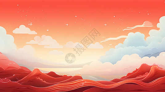 红色喜庆的山川卡通背景图片