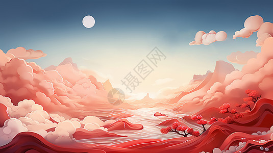 红色的山川间粉色卡通云朵喜庆卡通背景图片