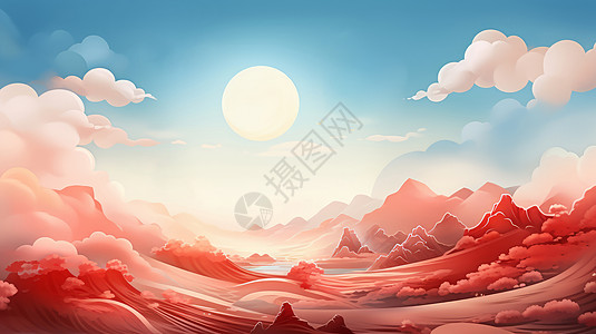 蓝天与红色的卡通山川大气背景图片
