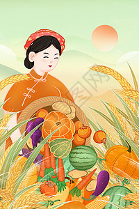 秋季瓜果大丰收竖版插画背景图片