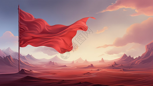 飘扬在戈壁滩上的卡通红旗背景图片