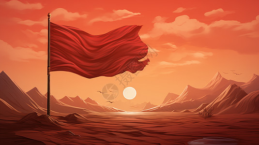 飘扬的卡通红旗与美丽的落日背景图片