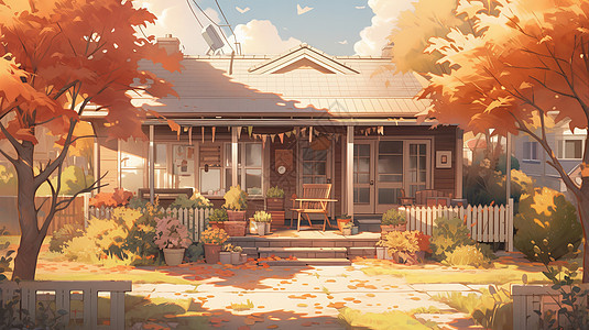 秋天有院子幽静的卡通小木屋图片