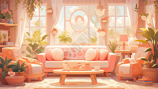 粉色调满屋绿植可爱的卡通客厅图片