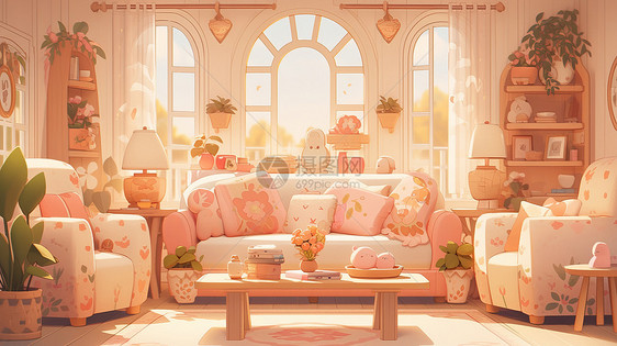 放着一组可爱的卡通沙发的粉色调客厅图片