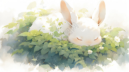 趴在植物上睡觉的卡通小白兔背景图片