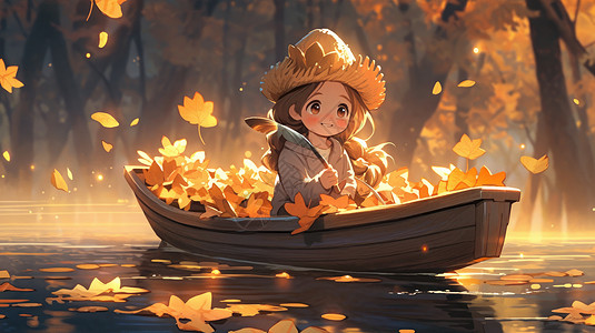坐在船上收集一船落叶的可爱卡通女孩图片