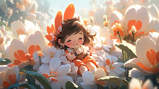 躺在花丛中微笑的卡通小女孩背景图片