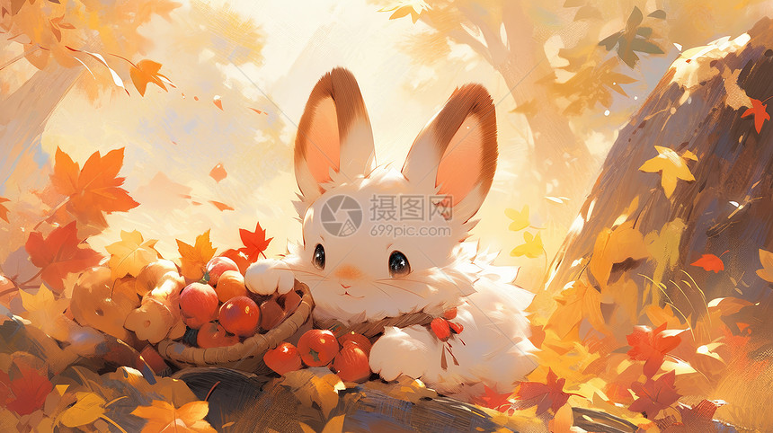 秋天在树林中可爱的卡通小白兔图片
