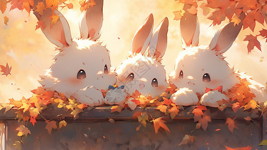 趴着的人在枫叶林中趴着三只可爱的卡通小白兔插画