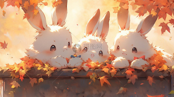 在枫叶林中趴着三只可爱的卡通小白兔图片