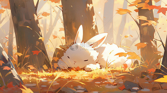 秋天趴在树下睡觉的可爱卡通小白兔图片