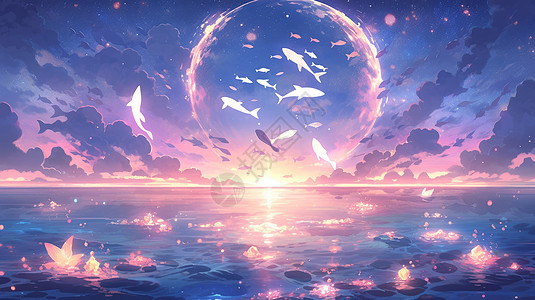 紫色调大海上美丽的卡通晚霞与飞鱼图片
