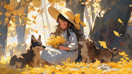 戴黄色帽子坐在树林下的卡通女孩图片