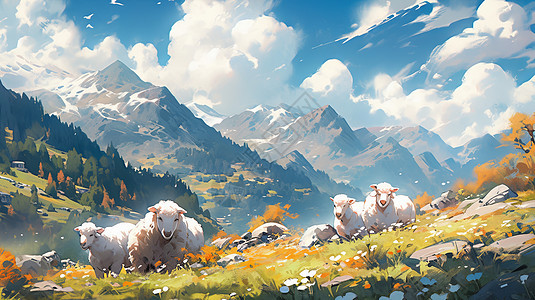 秋天在山坡草地上吃草的卡通羊群图片