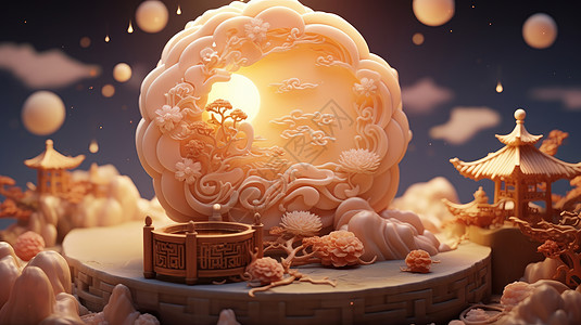 美食雕花中秋节美味的传统糕点雕花月饼插画