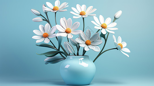 在蓝色花瓶中的立体小雏菊图片