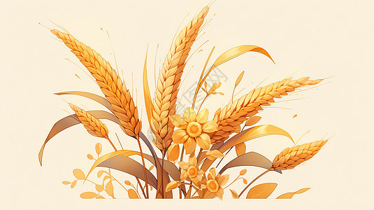 金黄色的卡通谷物麦子与花朵背景图片