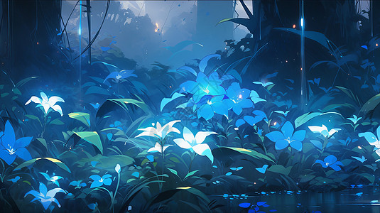 夜晚森林中湖边发光的小蓝花高清图片
