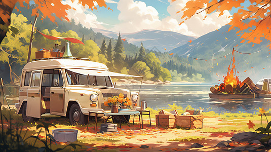 秋天在湖边露营的卡通汽车图片