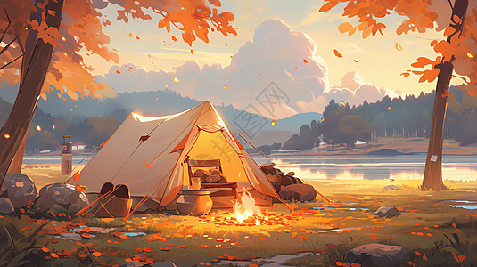 秋天在湖边点燃篝火与卡通露营帐篷图片