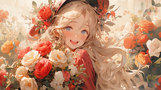 抱着花束开心笑的卡通女孩图片素材