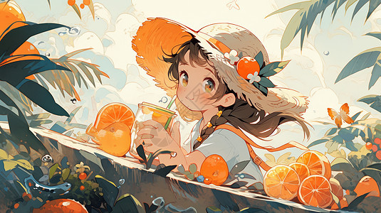 戴着草帽在喝橙子汁的可爱卡通女孩背景图片