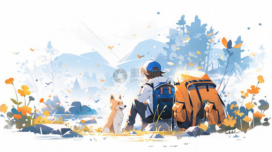 徒步旅行与宠物狗坐在湖边休息卡通人物图片