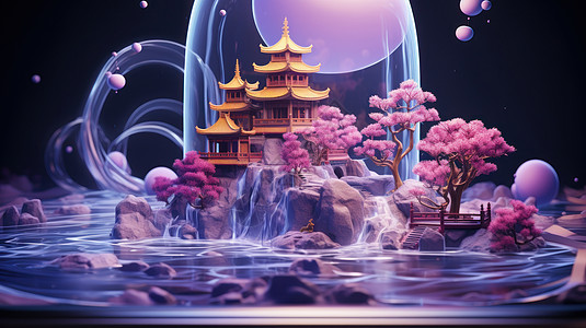 紫色调梦幻的卡通古建筑山水风景背景图片
