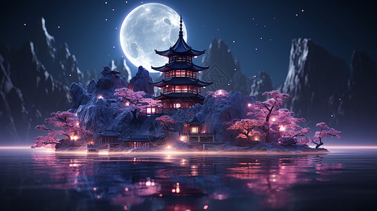 在圆圆的月亮下湖中心一座美丽的卡通古建筑风景高清图片