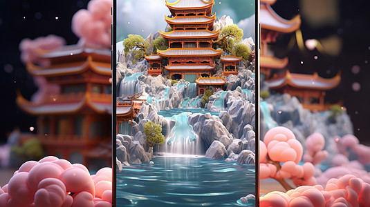 手机拍照古风建筑与美丽的卡通瀑布背景图片