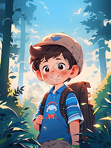 背着书包走在森林中的卡通小男孩图片