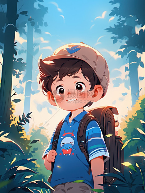 背着书包走在森林中的卡通小男孩图片
