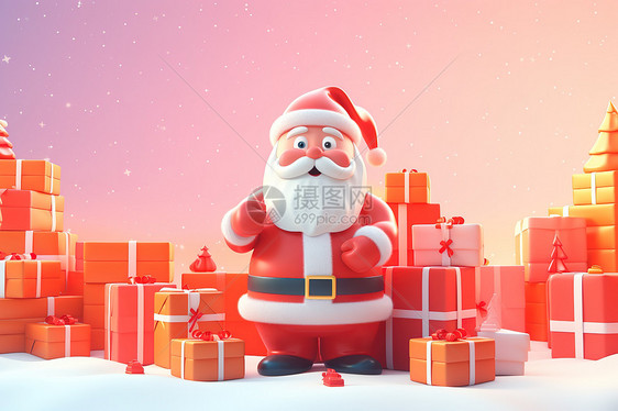 圣诞老人与礼品盒3D立体图片