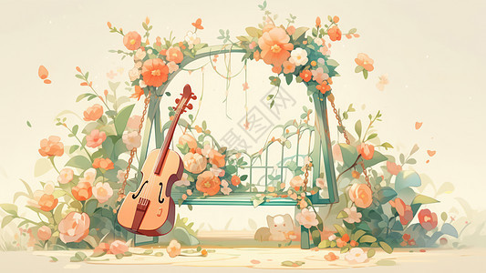 被花朵包围的小清新卡通椅子旁摆放一只吉他乐器图片