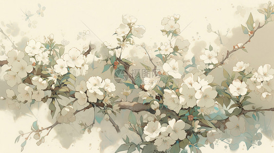 开满小白花的卡通树枝水墨风图片