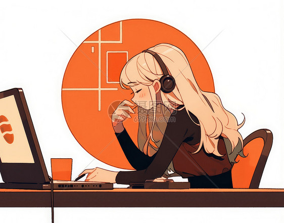 金黄色长发卡通女孩坐在电脑桌前图片
