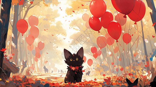 在森林中看着很多红色气球的卡通小黑猫儿童插画图片