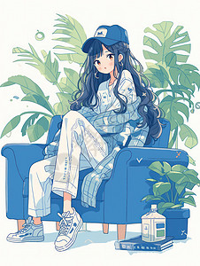 坐在蓝色沙发上戴棒球帽的时尚卡通女孩图片