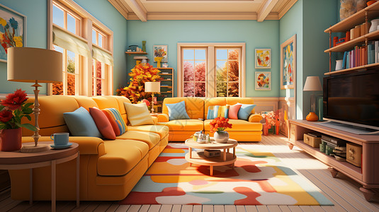 橙色漂亮的舒适沙发放在客厅很多花朵图片