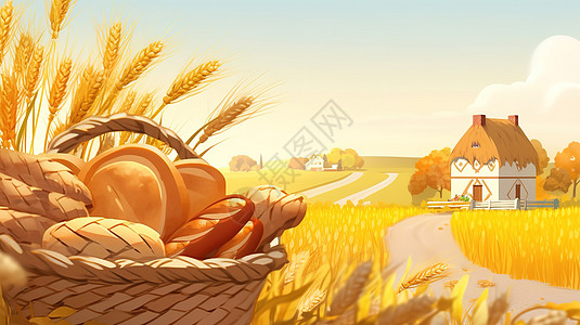秋分金色麦田和一篮面包图片