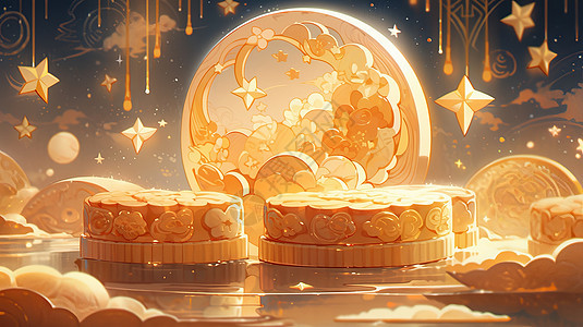 中秋节精致漂亮的卡通星星与月饼糕点背景图片