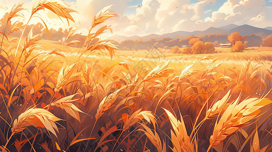 秋天一片丰收的金黄色卡通麦子地图片