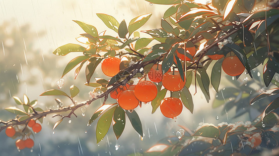 小清新结满果实的果树在雨中图片