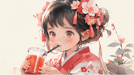 樱花奶茶用吸管喝饮料的可爱古风装扮卡通女孩插画