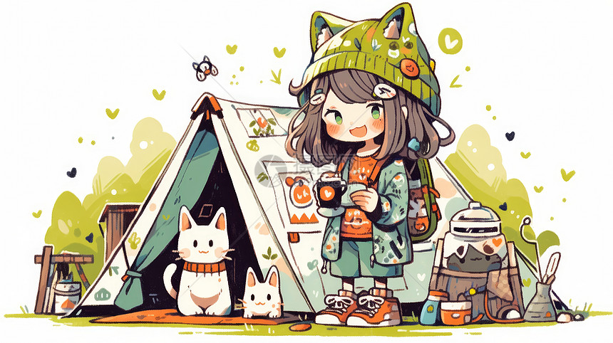 戴着帽子与宠物猫一起露营的卡通女孩图片